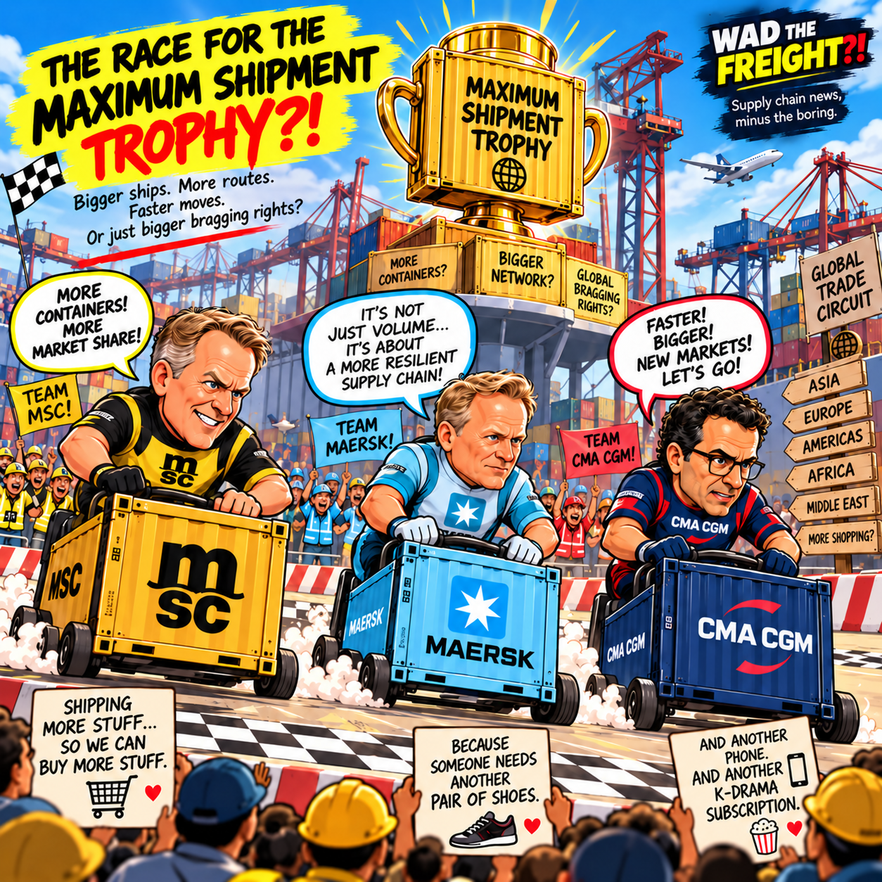Wad The Freight comic: MSC, Maersk and CMA CGM race in container cars for the Maximum Shipment Trophy